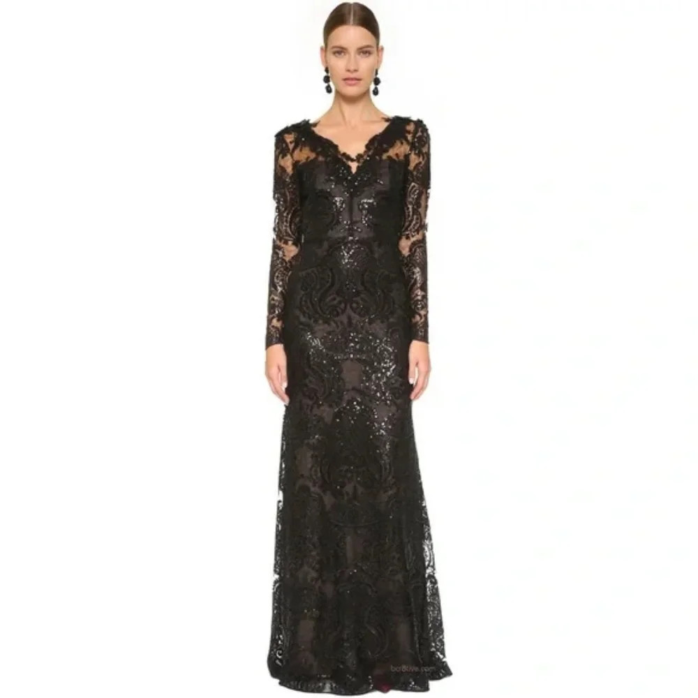 $1,500.00 MARCHESA NOTTE EXCL BLACK LACE BEAD RUNWAY GOWN S - Picture 2 of 14